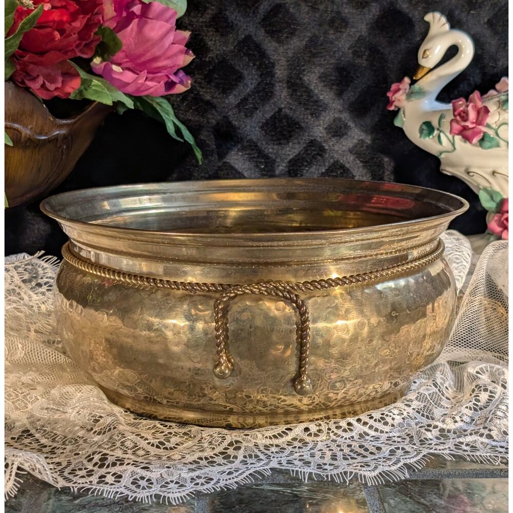 10"W Vintage Solid Hammered Brass Planter Catchall Bowl w/ Twisted Rope Detail